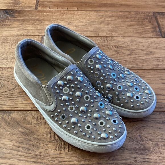 SAM Edelman Paven Embellished Studded Slip-On Sneakers in Taupe Suede Size 6 - Picture 2 of 10